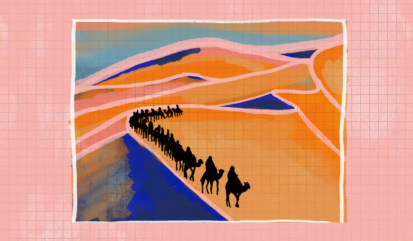 An illustration of caravans in the desert