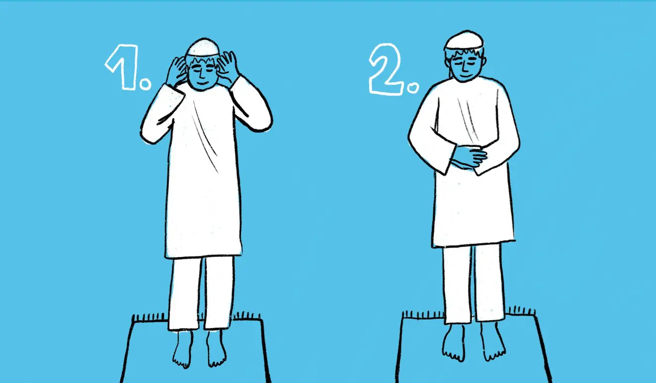 Man in prayer, raising hands before clasping them just below his naval.