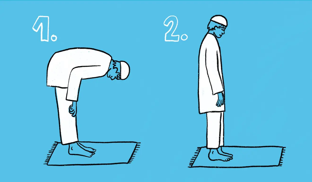 Man bending down into ruku and straightening back up again.