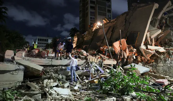 Destruction of a village showing the aftermath of the earthquake.
