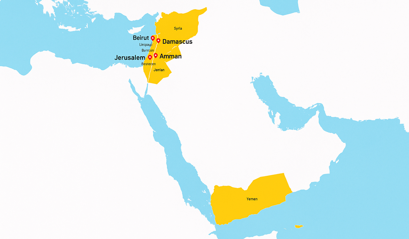 A map of Shaam and Yemen with the modern day countries and their capitals 