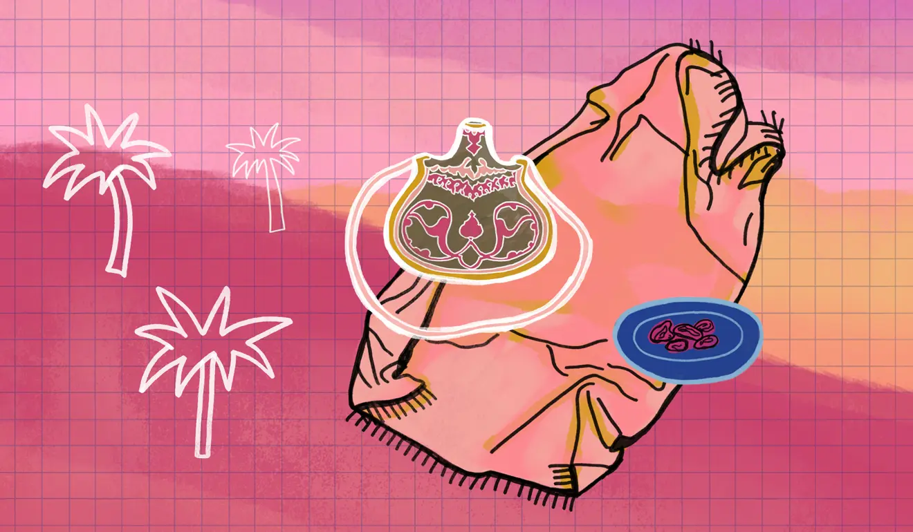 An illustration of the water skin and dates Ibrahim (as) left to Hajar (as) in the desert