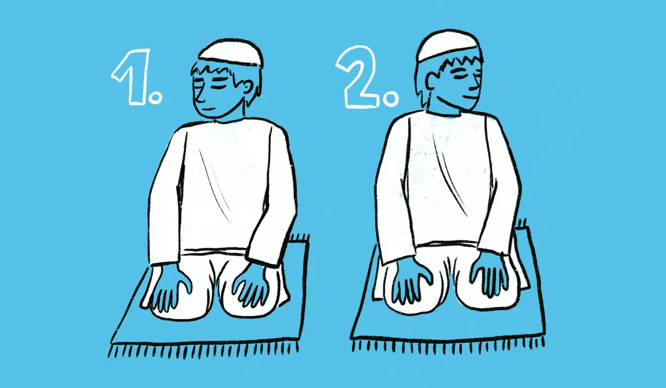 Man in a sitting position (sitting on his heels), with his palms on his knees with his head turning, first to the right shoulder, then to the left shoulder.