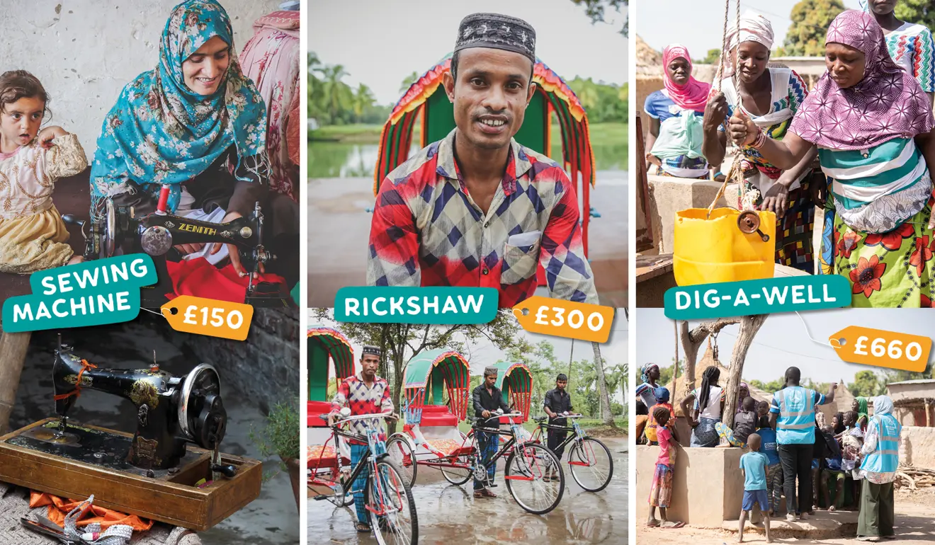 Options for charity gifts, including gifting a sweing machine to a disadvantaged woman for £150